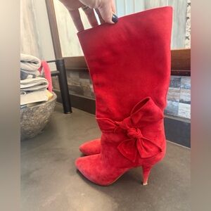 Valentino Red Suede Heeled Boots with Bow